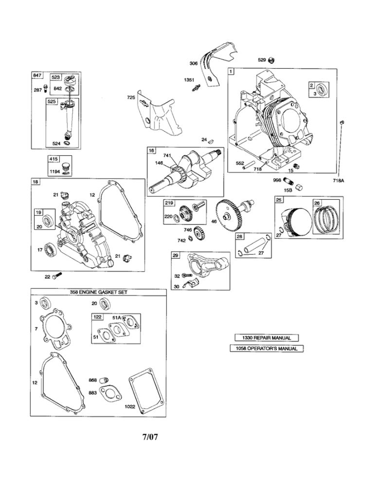 Cylinder/Crankshaft/Crankcase Diagram and Parts List for 20B400 0017-0698 Briggs and Stratton Engine